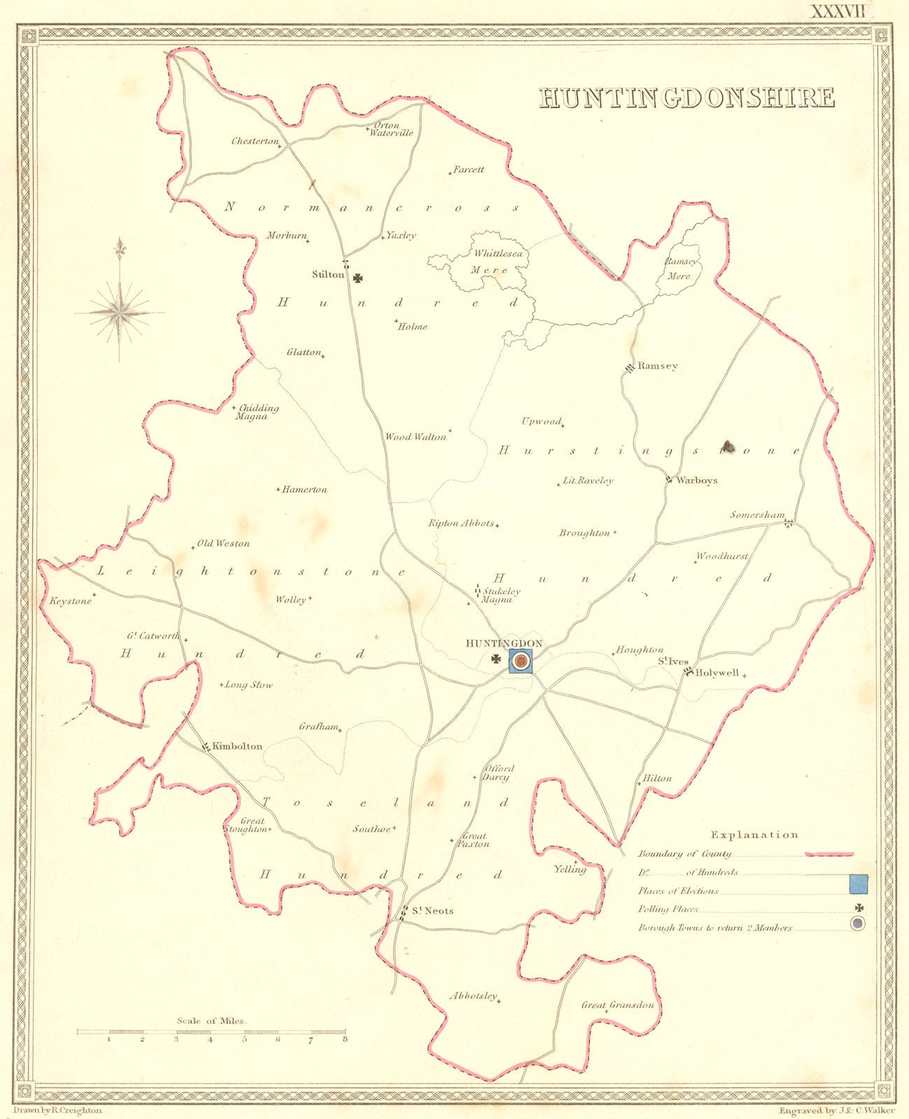 HUNTS. Huntingdonshire. Creighton Walker 1835 old antique map plan chart